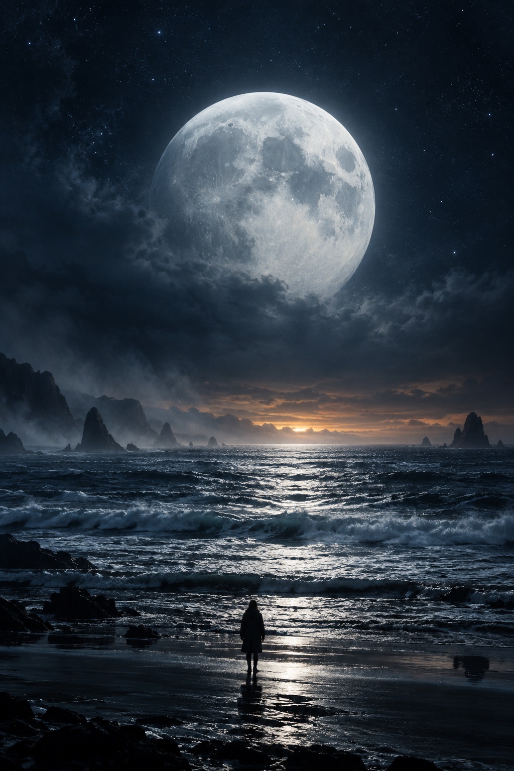 Original cinematic illustration of a lone figure beside a moonlit ocean
